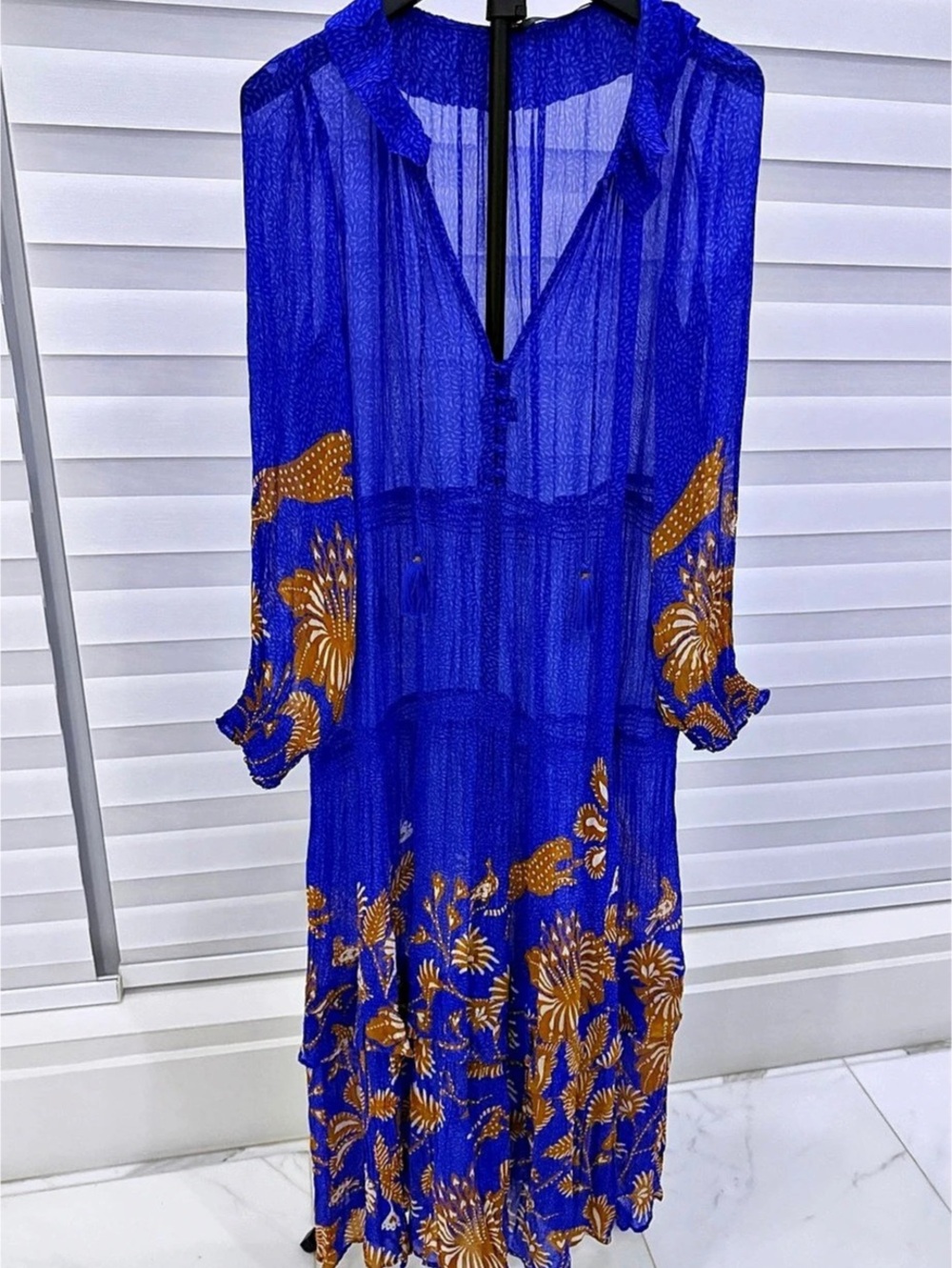 • Anthropologie Marais Printed Sheer Maxi Dress Blue Gold Floral Long Sleeve - Picture 2 of 10